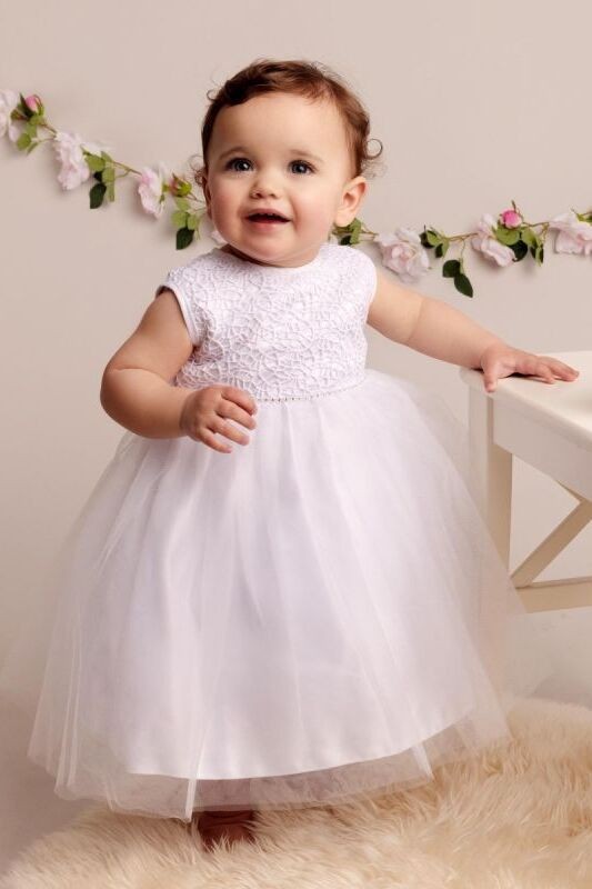 Baby Girls Christening Dress with Lace & Bow - ROSE - White