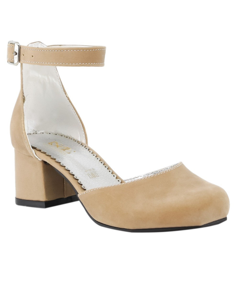 Girls Mary Jane Block Heel Shoes - Beige