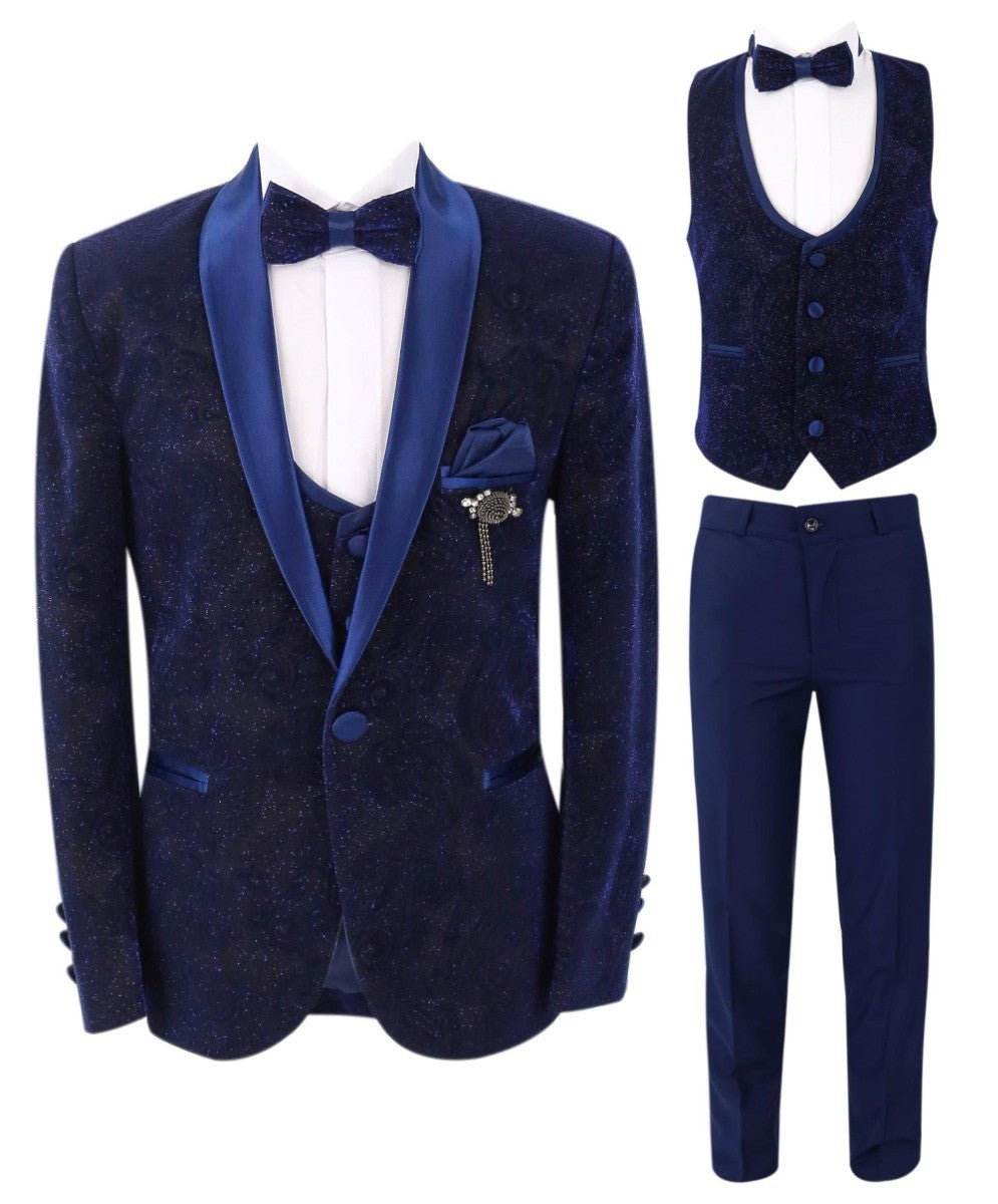 Jungen Glitzernder Slim Fit Navyblauer Tuxedo Anzug - Navyblau