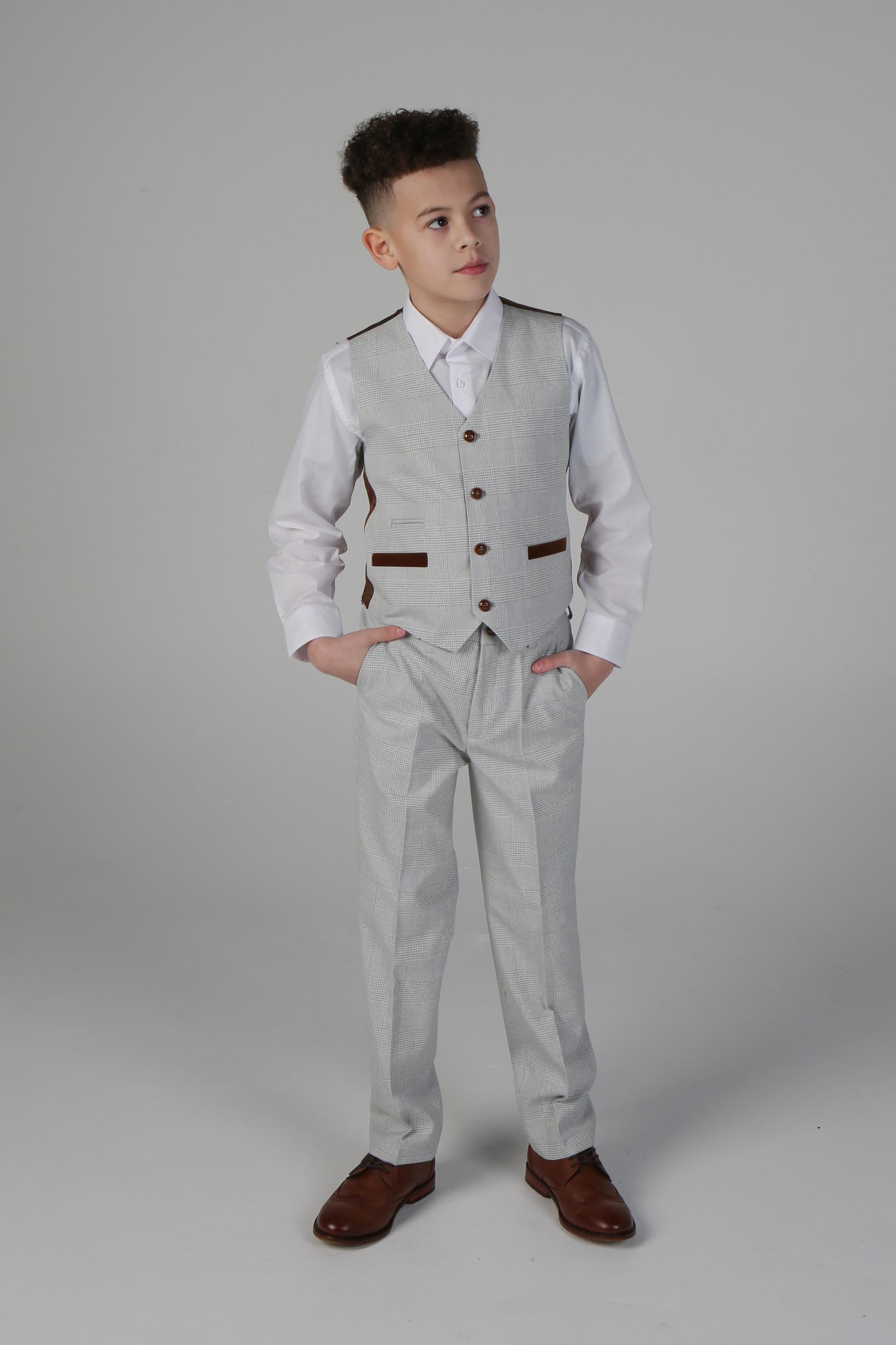 Costume en Tweed à Carreaux Tailored Fit pour Garçons - MARK - Beige Pierre