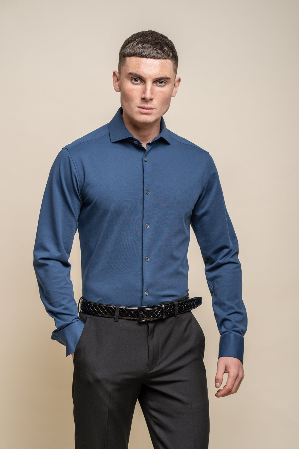 Chemise en coton ajustée à manches longues pour hommes - ASHLEY - Bleu