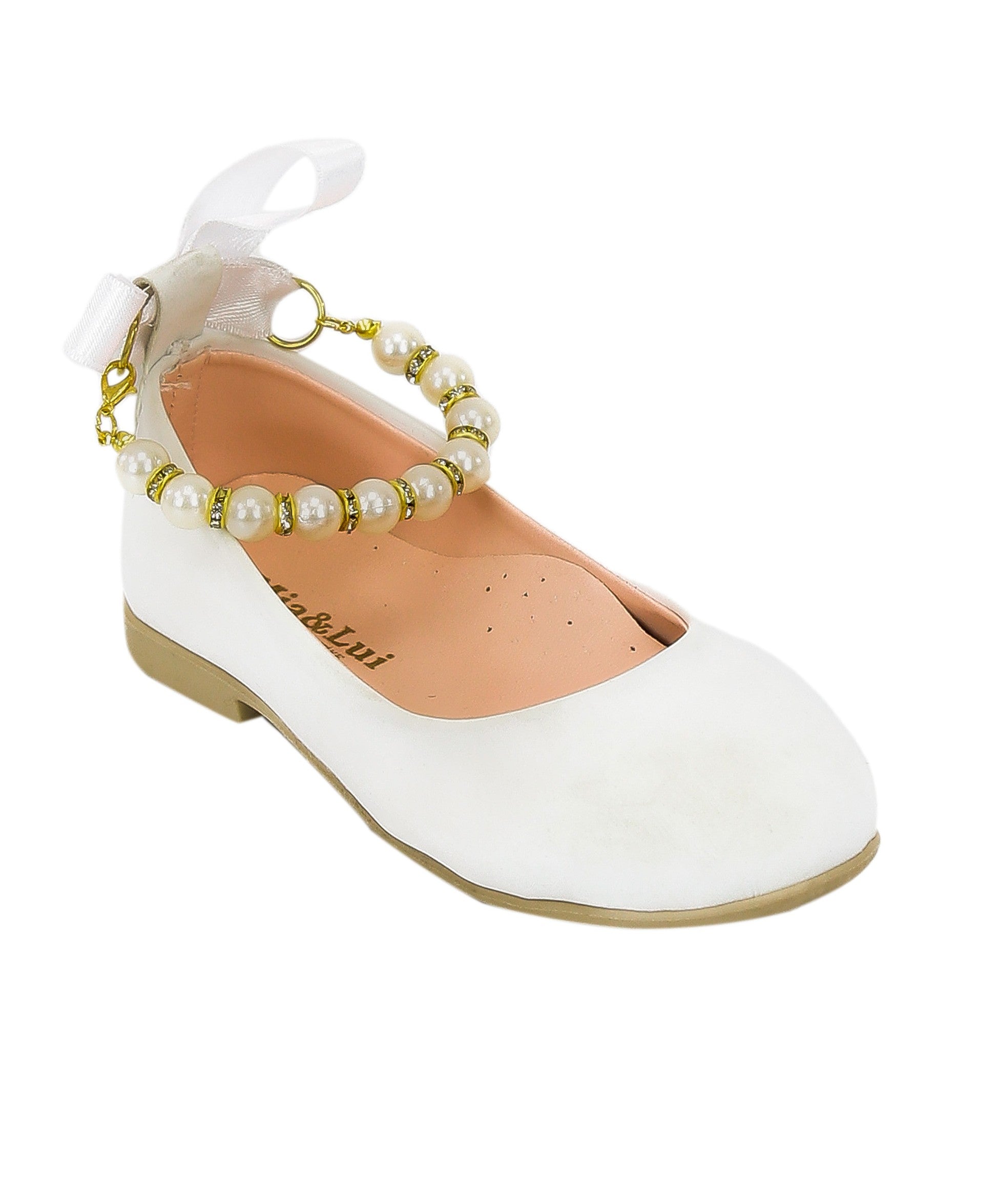 Girls Pearls Flat Mary Jane Shoes - ISABEL - White