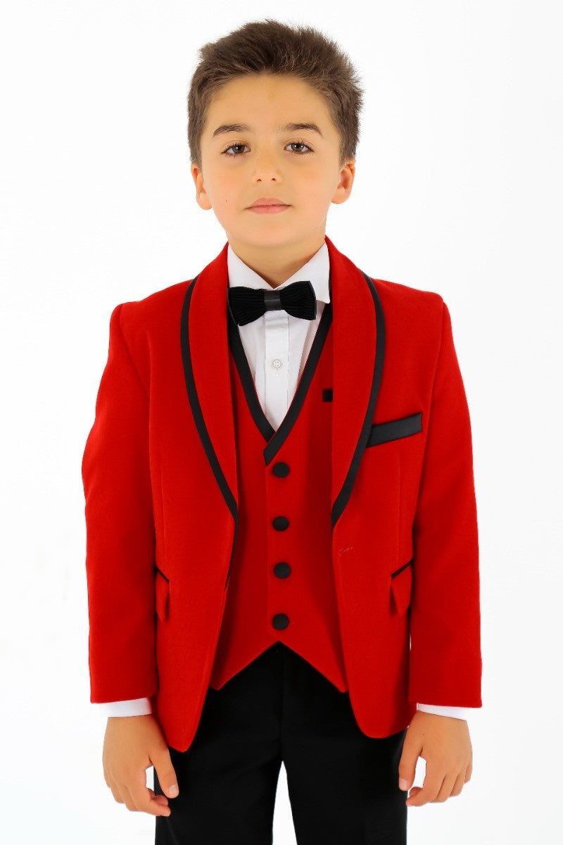 Jungen Slim Fit Paspelierung Samt Smokinganzug - LONDON - Rot