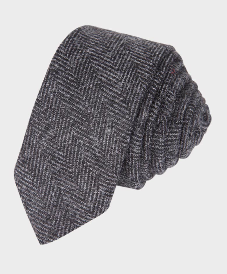 Ensemble Cravate et Mouchoir en Tweed à Chevrons pour Garçons - Gris Charbon