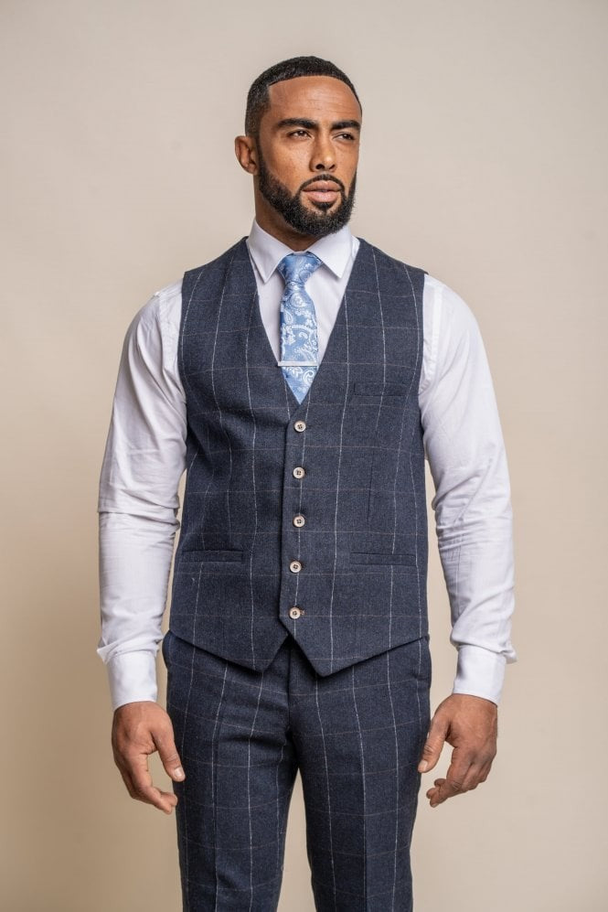 Men's Windowpane Check Wool Navy Blue Waistcoat - ANGELS - Navy Blue