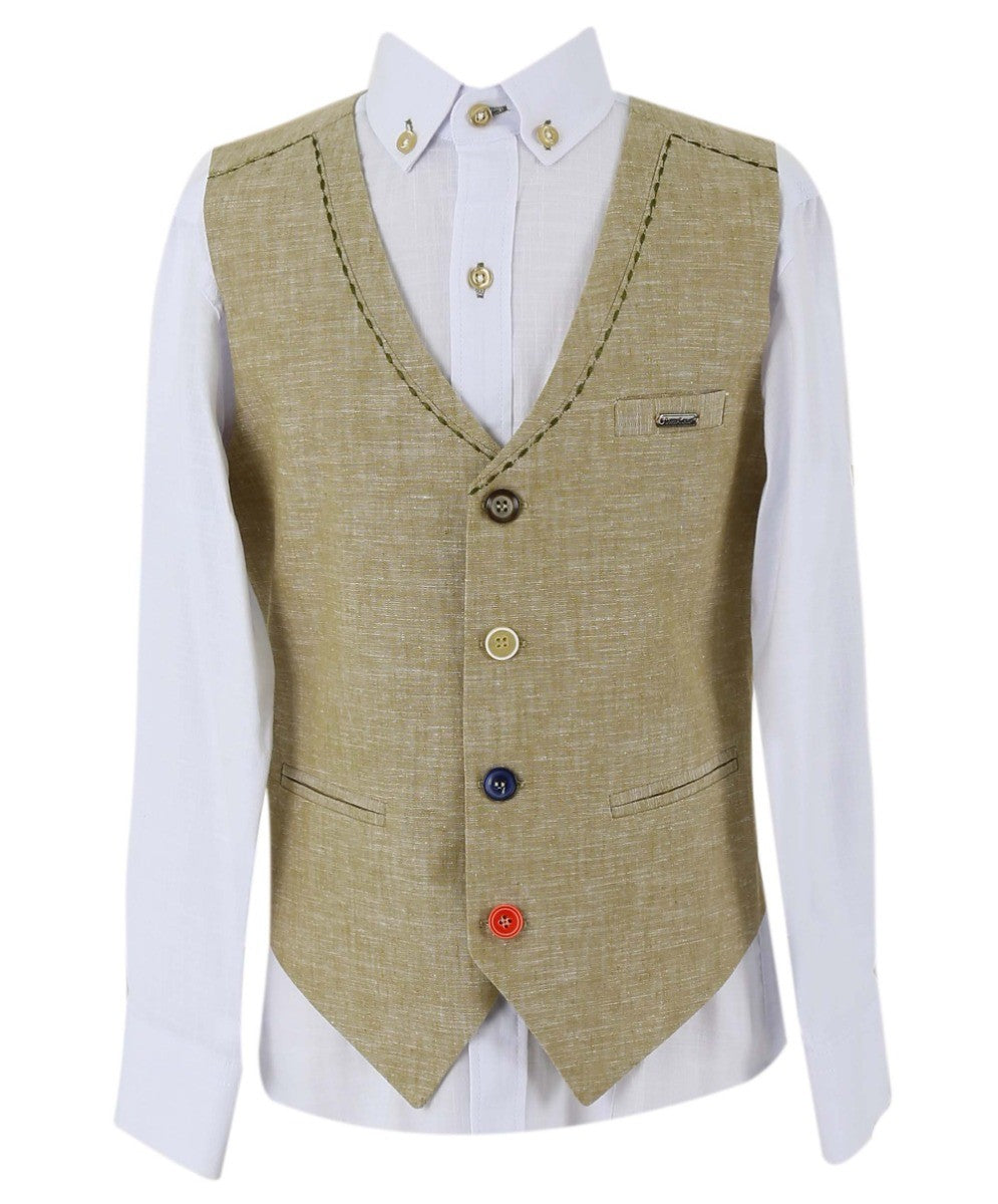 Boys Linen Single Breasted Waistcoat Suit Set - Khaki Green