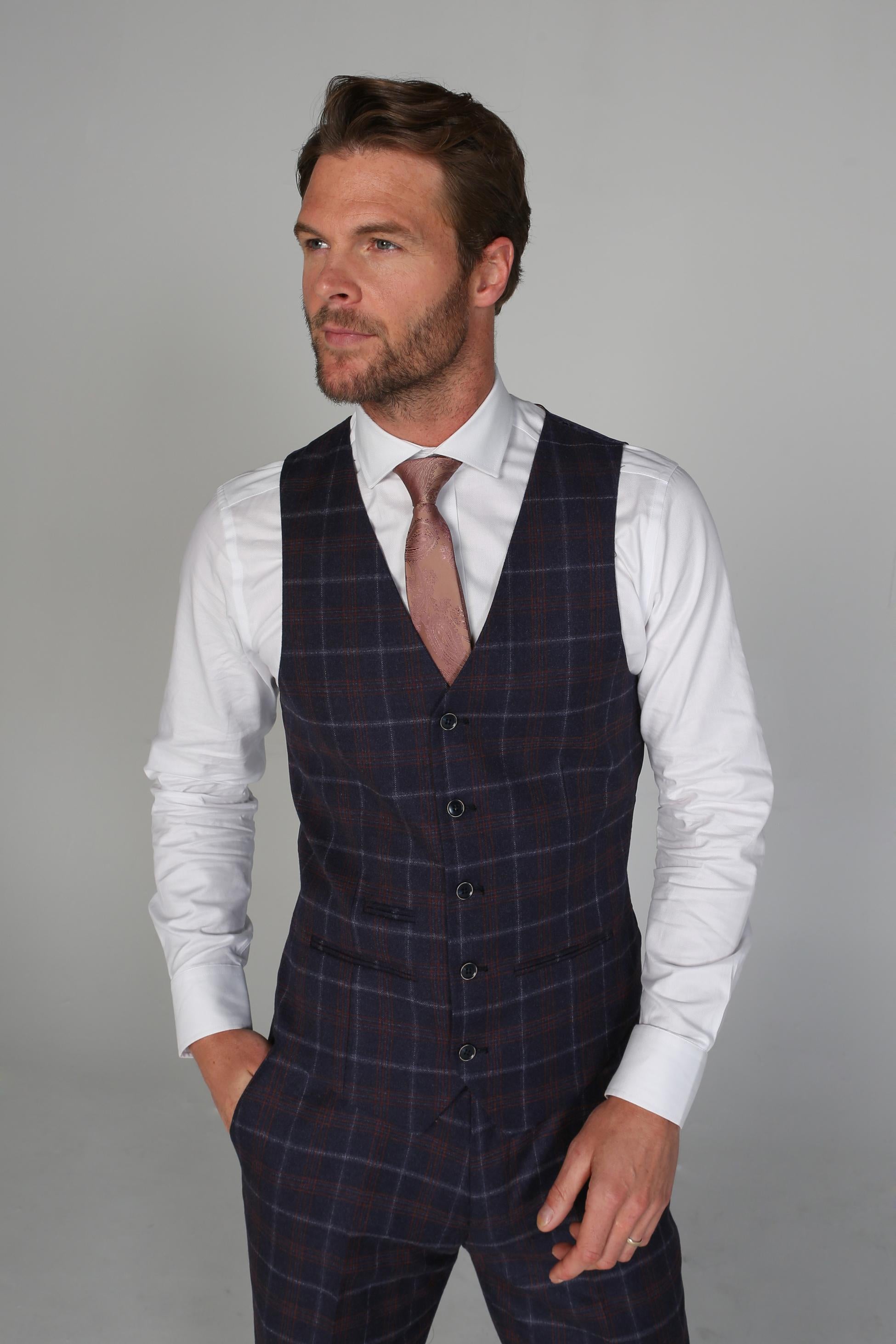 Men’s Retro Check Navy Waistcoat- KENNETH - Navy