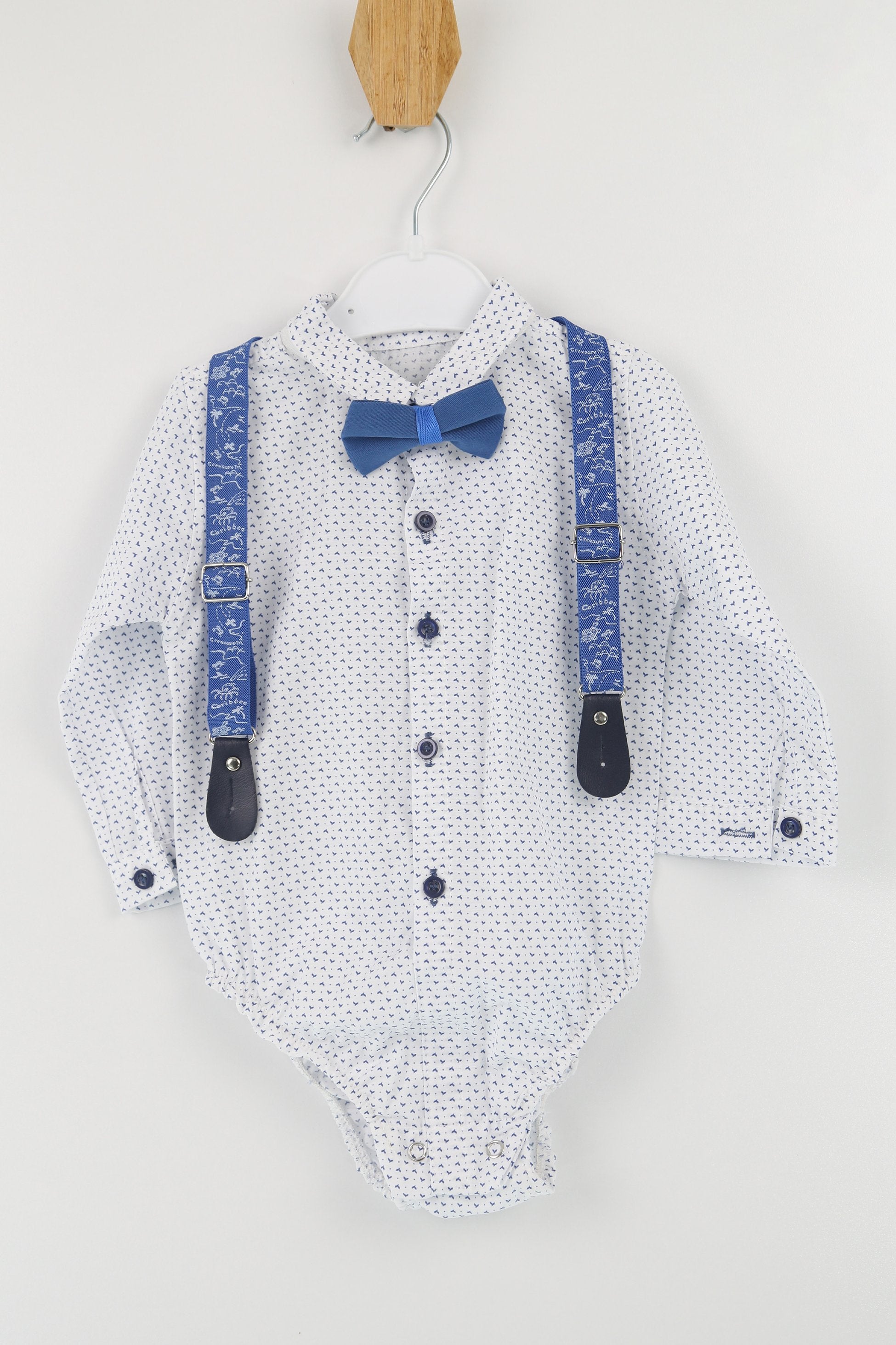 Baby Jungen Gentleman Outfit - 4-teilige Hosensatz mit Trägern - BIRD - Blau