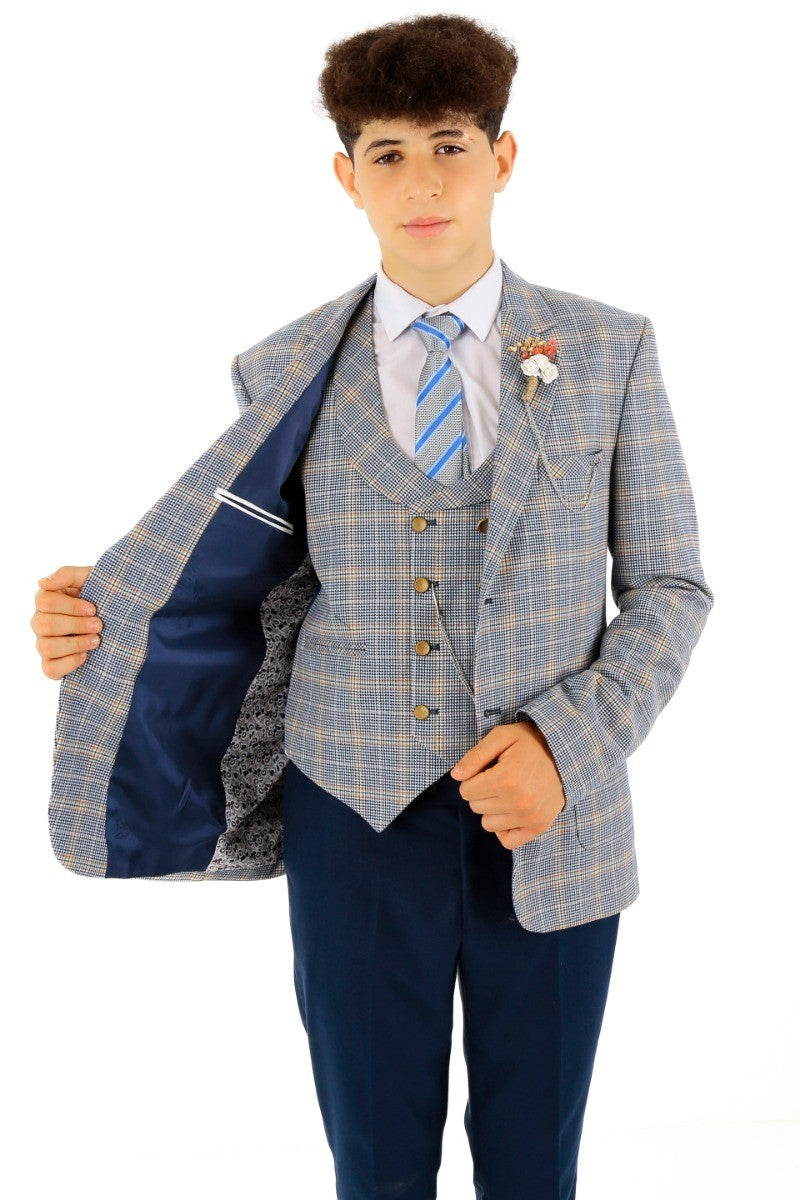 Jungen Windowpane Karo Slim Fit Anzug - Blau