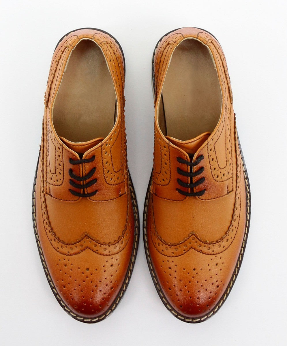 Boys Lace Up Leather  Brogue Shoes - Tan Brown