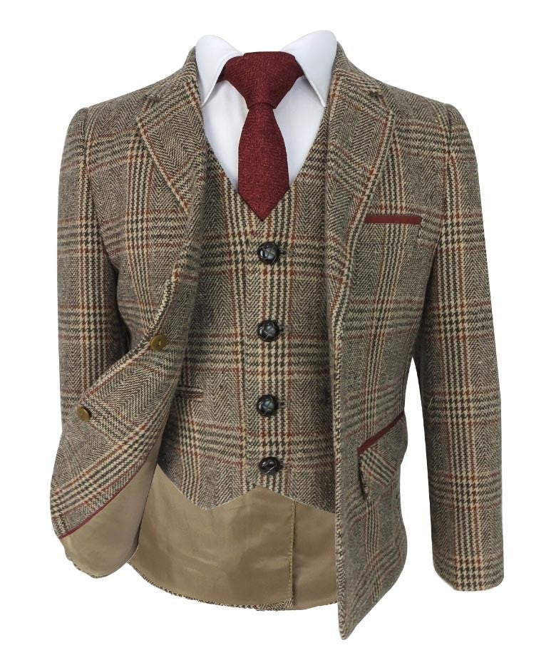 Costume à Carreaux en Tweed Chevron avec Pièces aux Coudes pour Garçons - LUCAS - Marron - Bordeaux