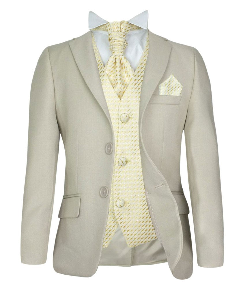Boys Beige Suit with Patterned Waistcoat and Cravat Set - Beige - Gold