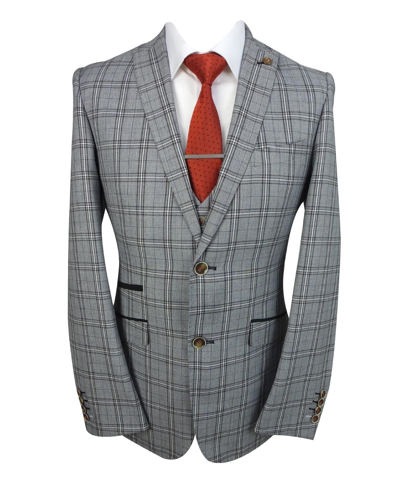 Men's Slim Fit Check 3PC Suit - MARCELLO - Grey