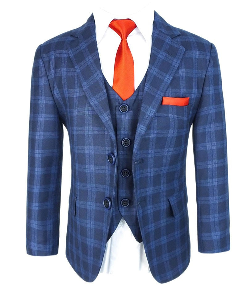 Costume en Tweed à Carreaux Windowpane Tailored Fit pour Garçons - Bleu Foncé