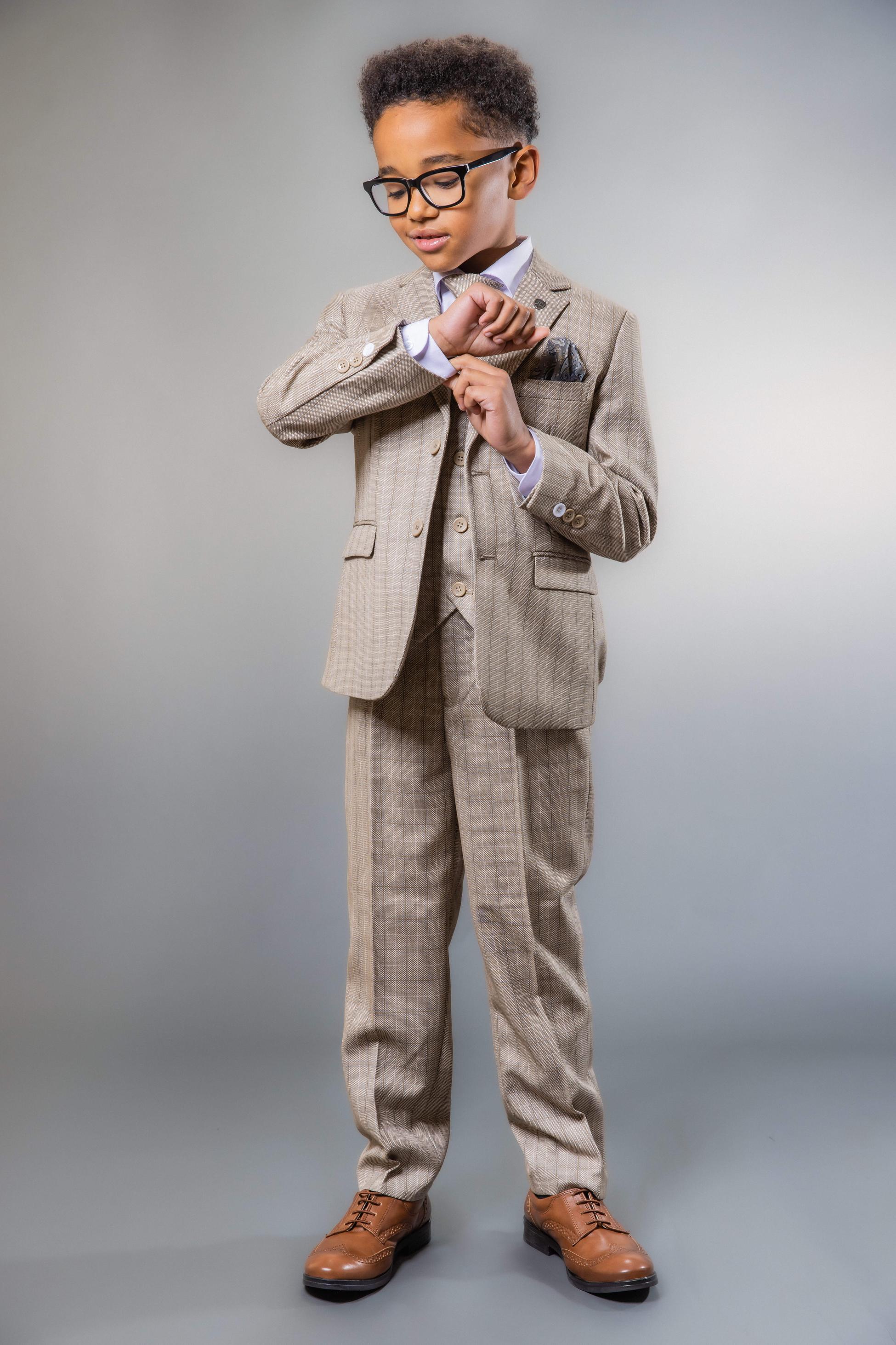 Boys Tweed Check Tailored Fit Suit - Beige and Brown