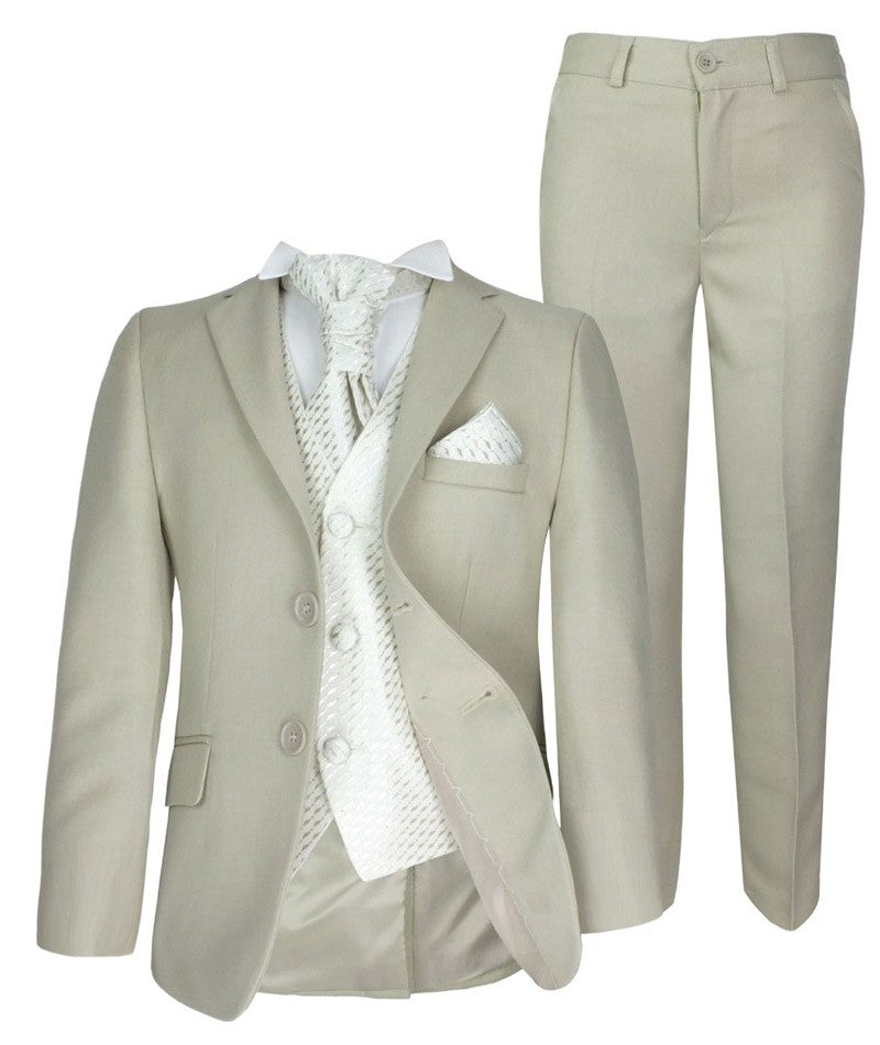 Boys Beige Suit with Patterned Waistcoat and Cravat Set - Beige