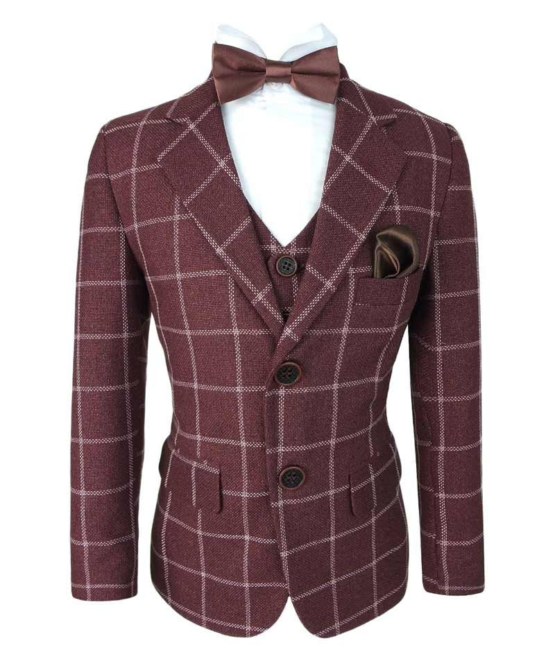 Costume à Carreaux Windowpane Tailored Fit pour Garçons - Marron