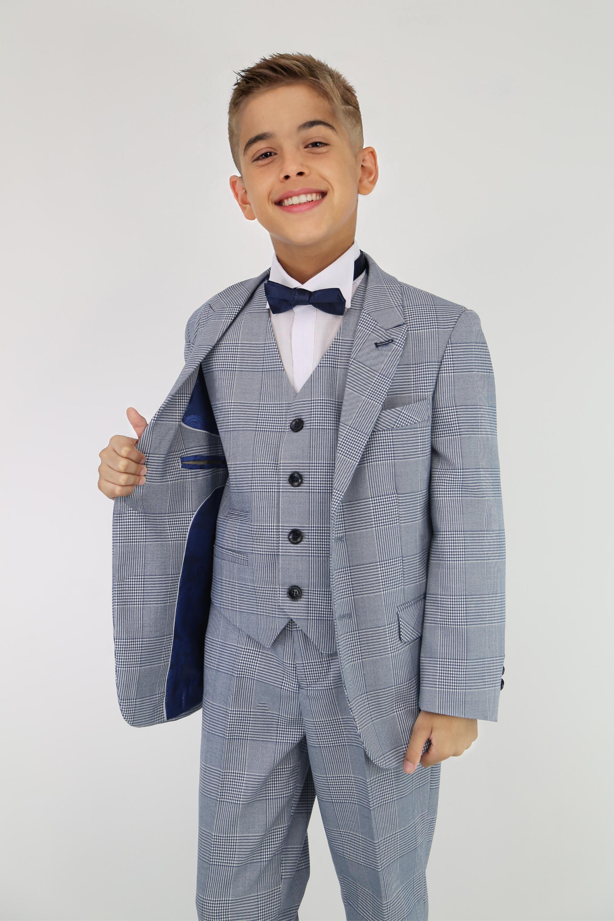 Boys Tailored Fit Tweed Check Suit - MARK - Sky Blue