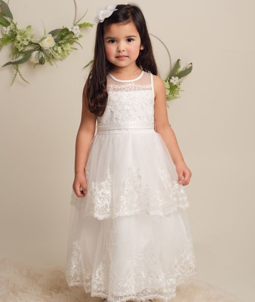 Girls Ivory Layered Lace Dress - FLORANCE - Ivory