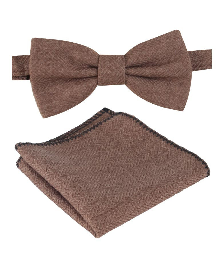 Boys & Men's Herringbone Tweed Bow Tie and Pocket Square - Tan Brown