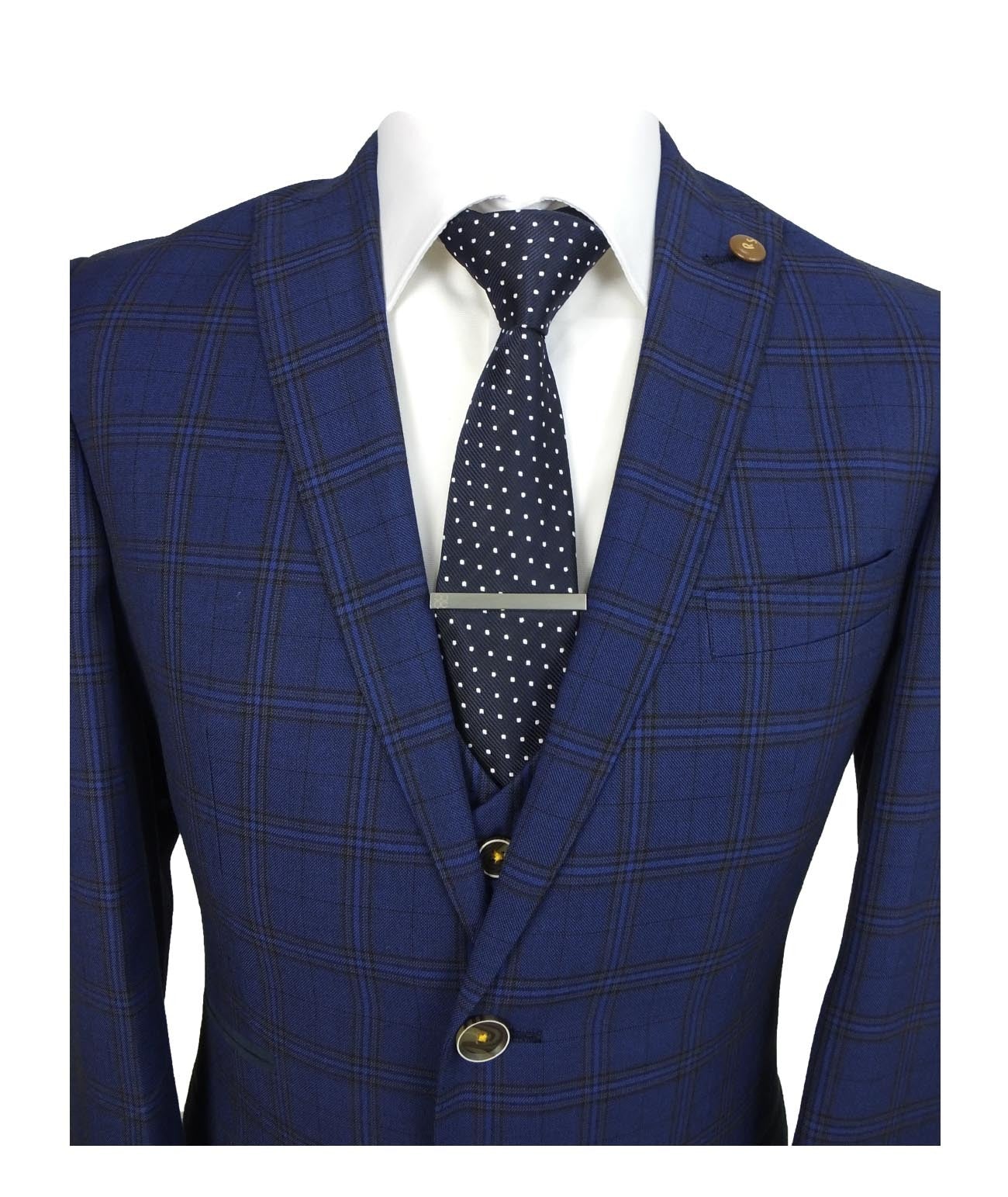 Men's Slim Fit Check 3PC Suit - MARCELLO - Navy