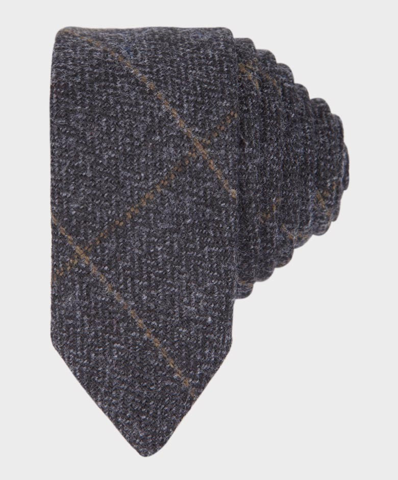 Ensemble Cravate Fine et Mouchoir en Tweed à Chevrons Windowpane pour Garçons - Gris Charbon