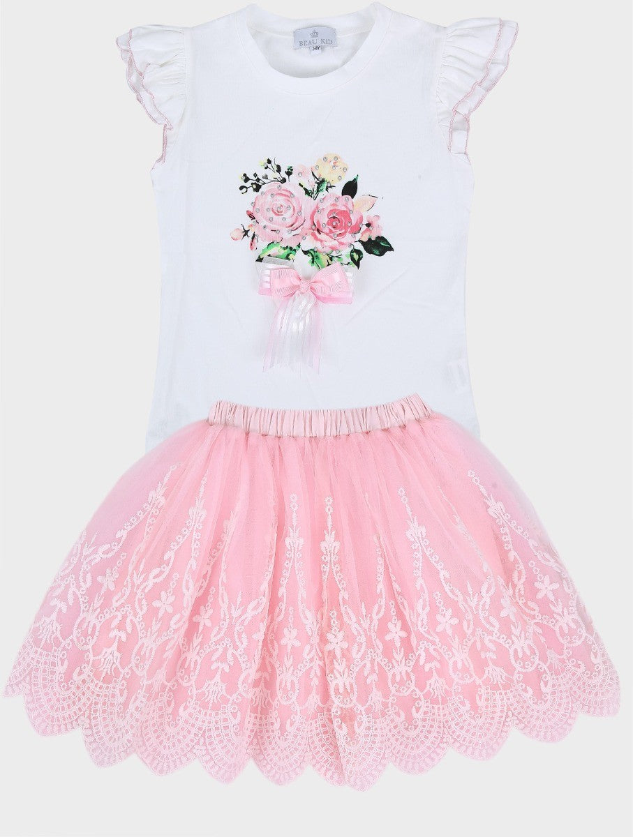 Ensemble Jupe en Tulle à Motifs Floraux et T-Shirt pour Filles - Rose