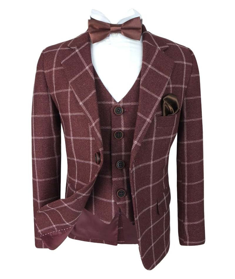 Boys Retro Windowpane Tailored Fit Check Suit - Maroon