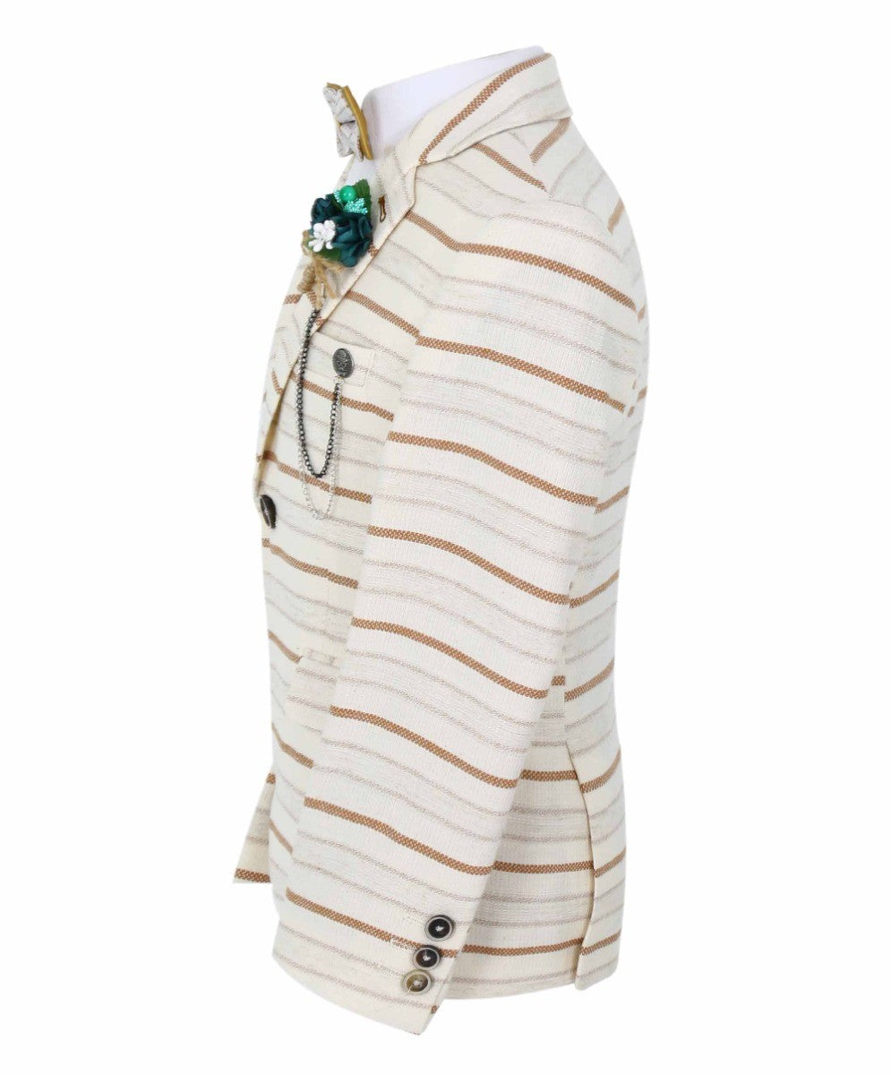 Boys Slim Fit Striped Blazer - Beige - Brown