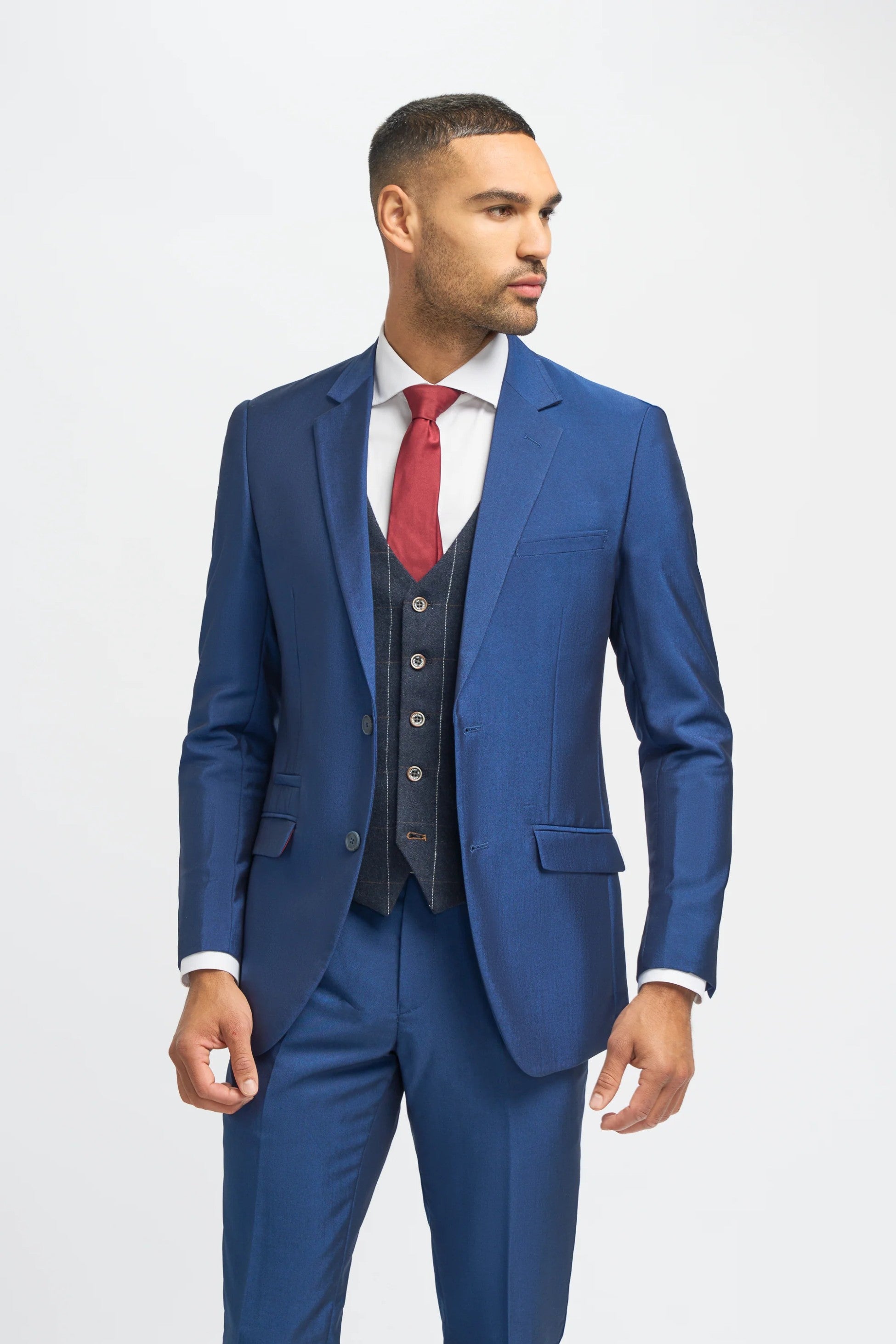 Men's Royal Blue Slim Fit 3-Piece Suit with Navy Blue Windowpane Check Tweed Waistcoat - Blue