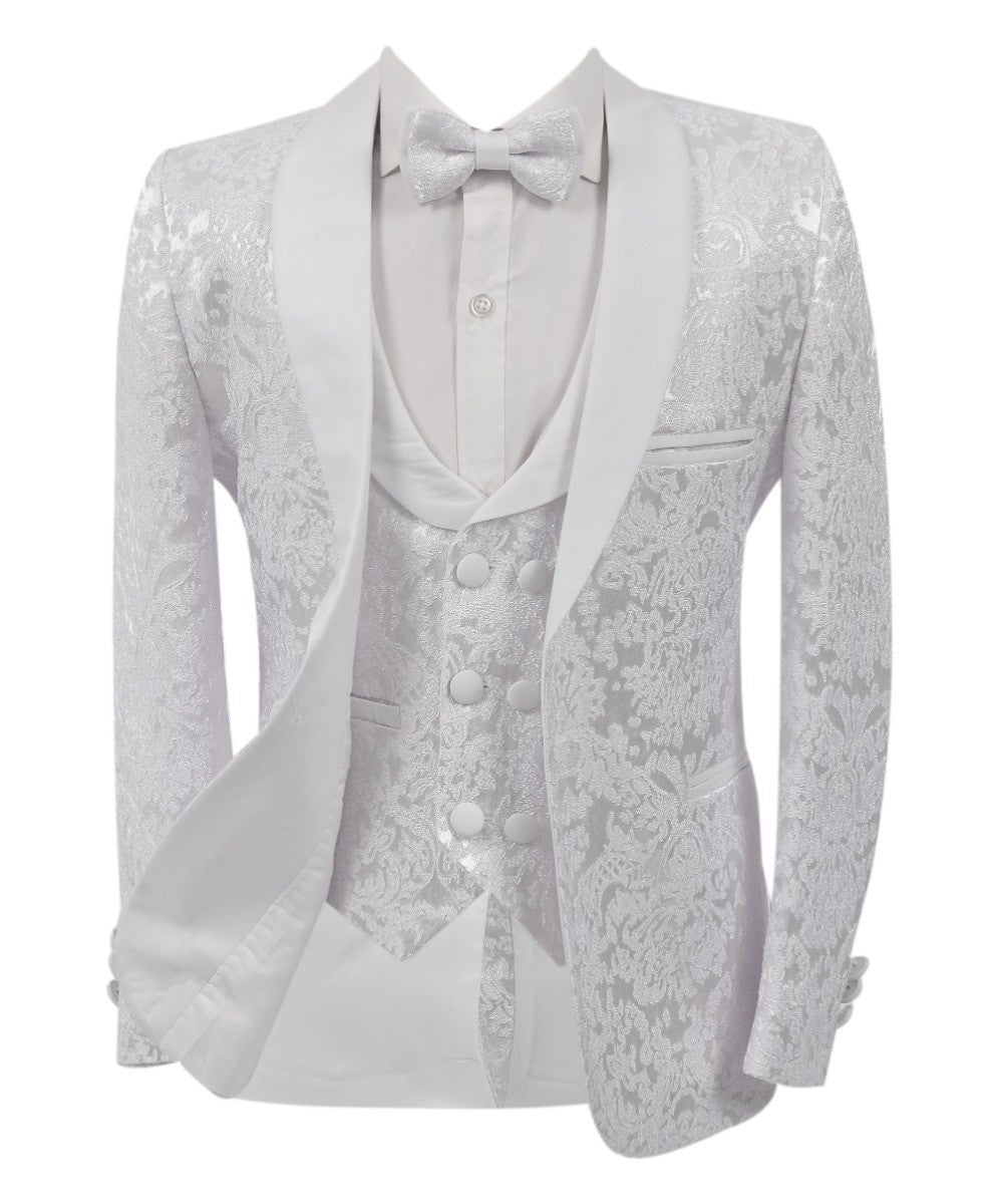 Boys Floral Patterned White Tuxedo Suit Set - RICHARD - White