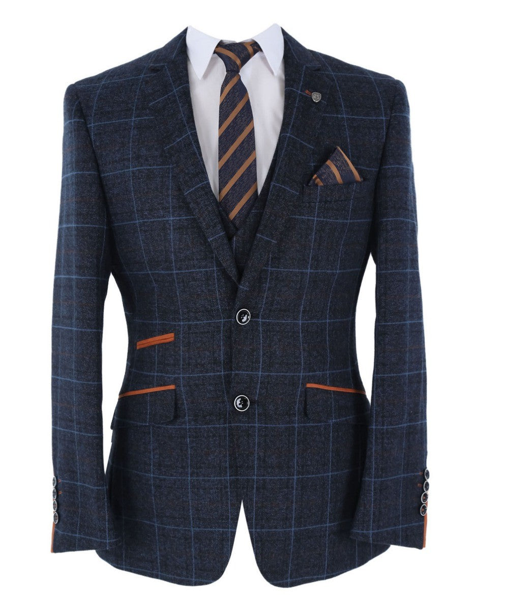 Men's Tailored Fit Retro Check Suit Jacket - ANTHONY NAVY - Navy Blue