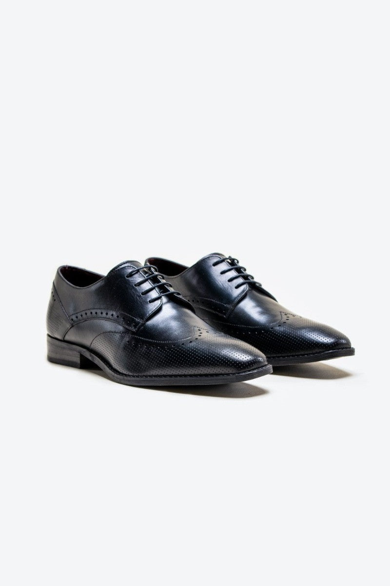 Herren Echtleder Derby Brogue Schuhe - LISBON Schwarz - Schwarz