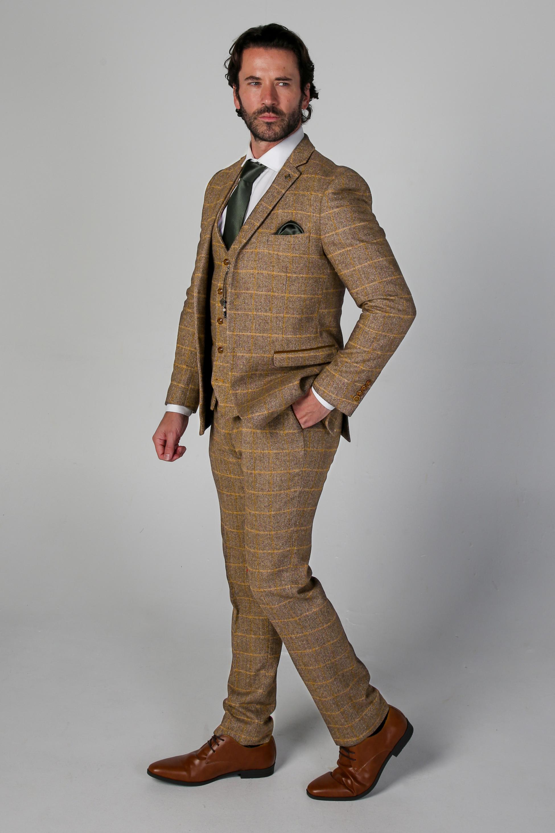 Men's Tweed Retro Windowpane Suit Jacket - HARRIS - Brown