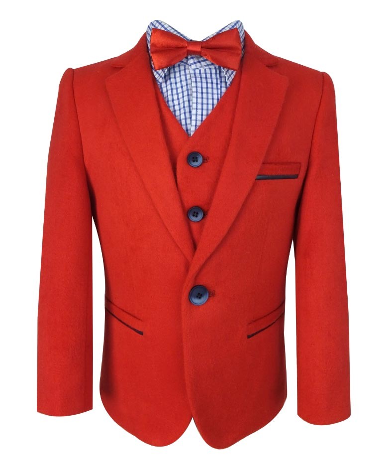 Ensemble Costume en Suède Rouge Doux avec Pièces aux Coudes pour Garçons - Rouge - Bleu