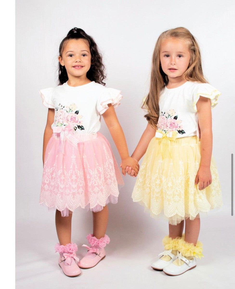 Girls Floral Print Tulle Skirt and T-Shirt Set - Yellow