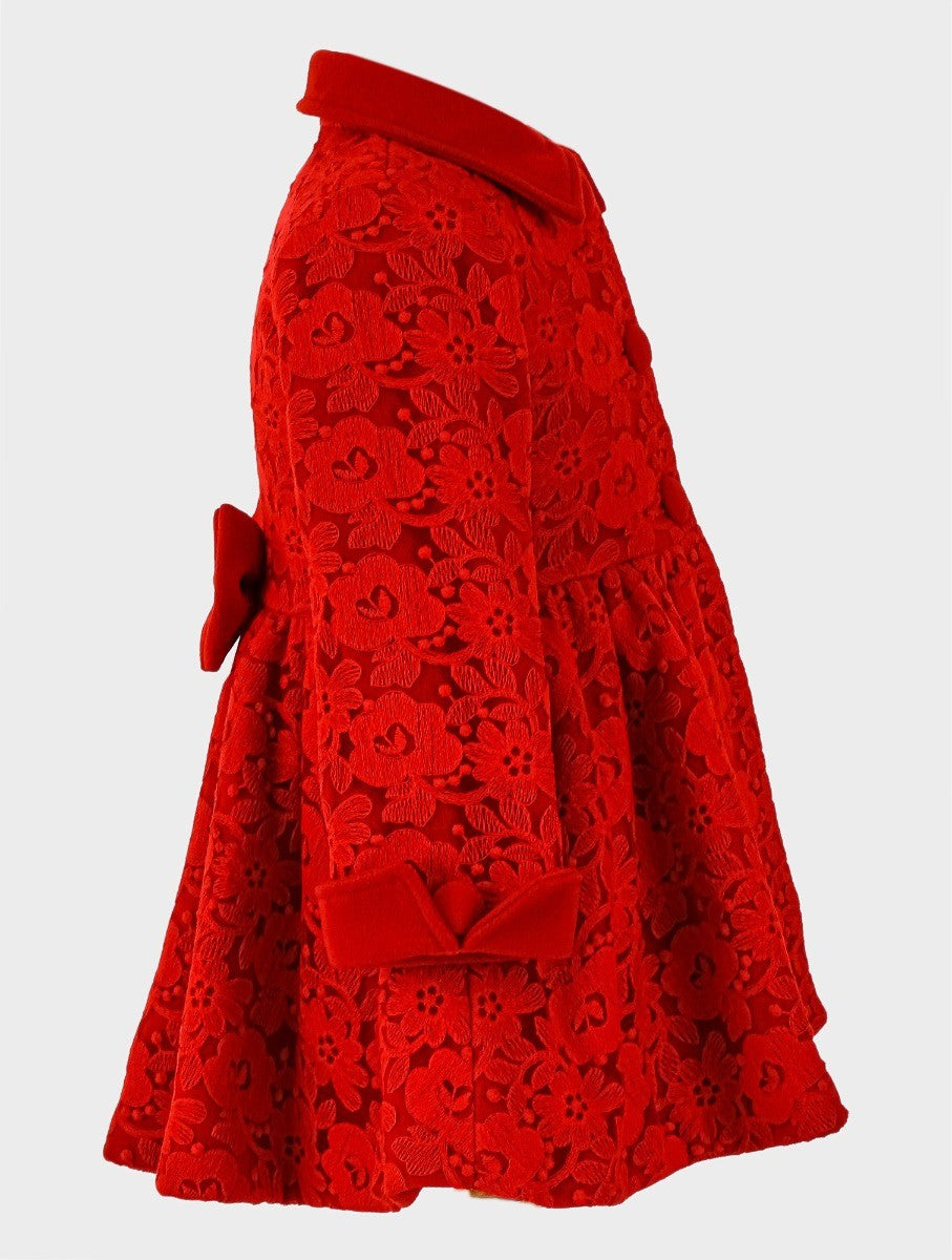 Ensemble Manteau Brodé Fleuri en Dentelle 2 Pièces pour Filles - Rouge