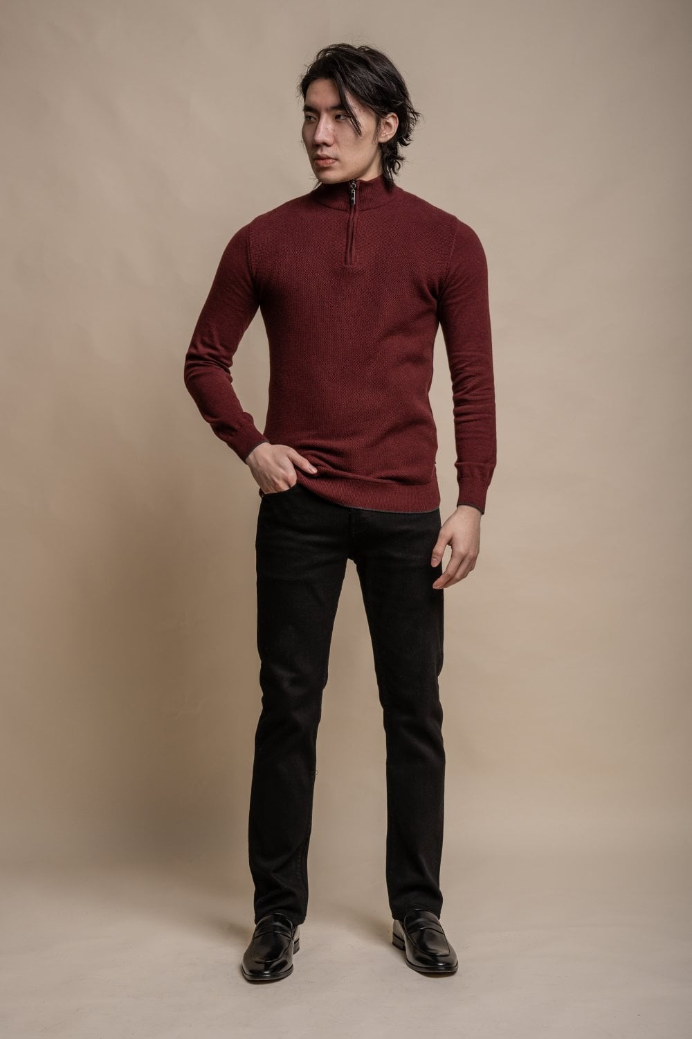 Men's Half Zip Knit Cotton Pullover - KYLE - Wine