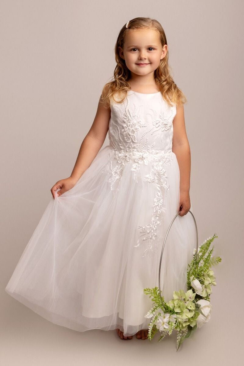 Girls Floral Embroidered Dress with Tulle Skirt - NYRA - Ivory