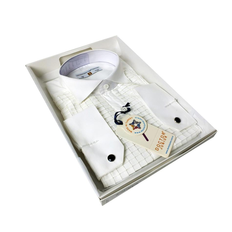 Boys Wing Collar Square Pleated Cufflink Shirt - Cream