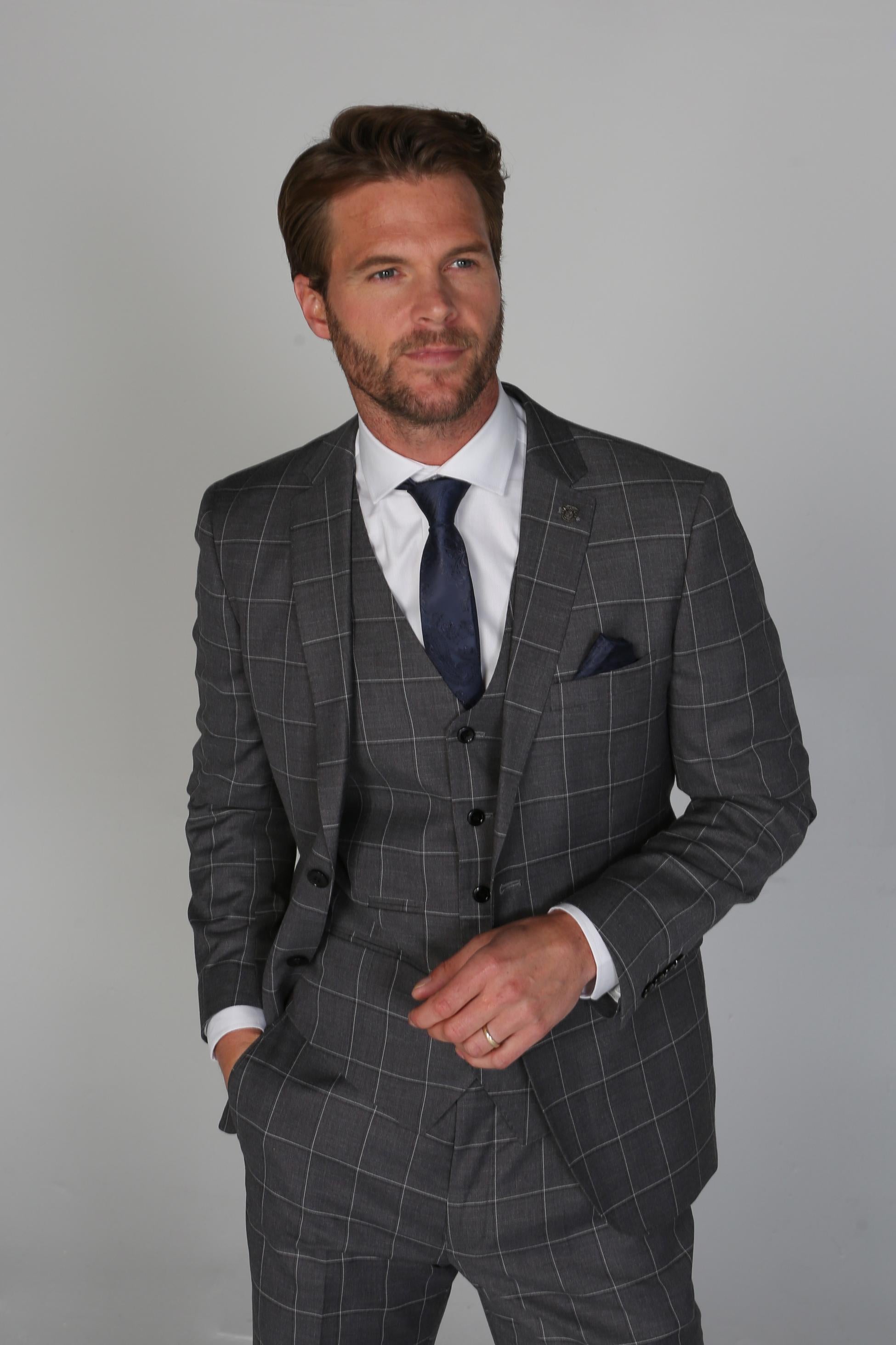 Men’s Check Windowpane Grey Suit Jacket- HOBBS - Grey