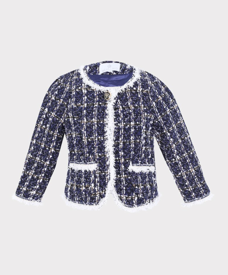 Girls Tweed Check 3 Piece Navy Outfit Set - Navy Blue