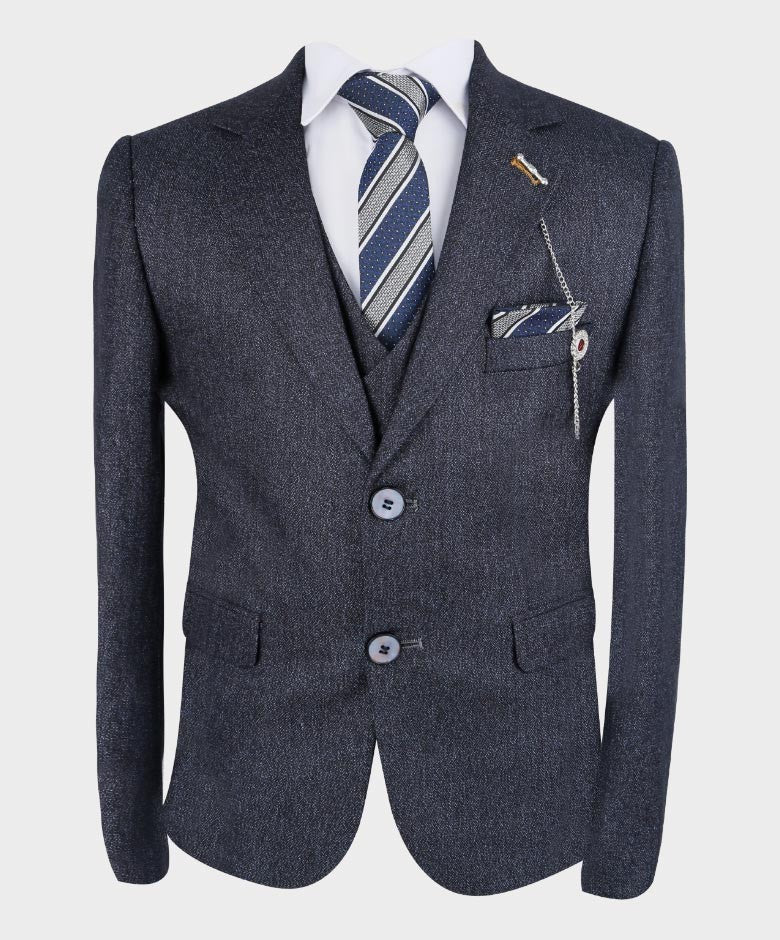 Boys Tailored Fit Herringbone Patterned Suit - TONY - Navy Blue- Grey