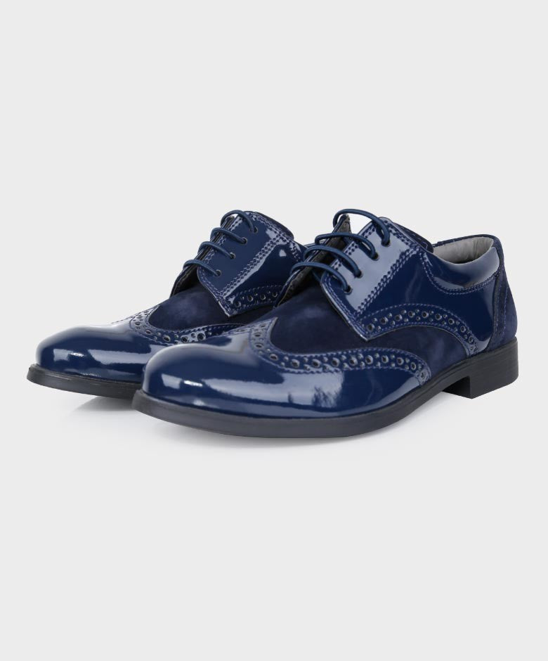 Chaussures Derby Brogue en Cuir Verni et Suède pour Garçons - Bleu Marine