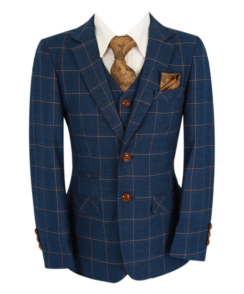 Costume Tailored Fit à Carreaux Windowpane pour Hommes - HAMLEYS - Bleu Bleuet