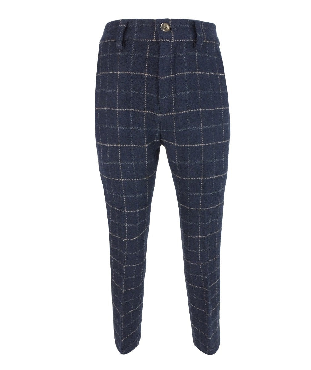 Boys Tweed Windowpane Check Slim Fit Suit - SHELBY - Navy Blue