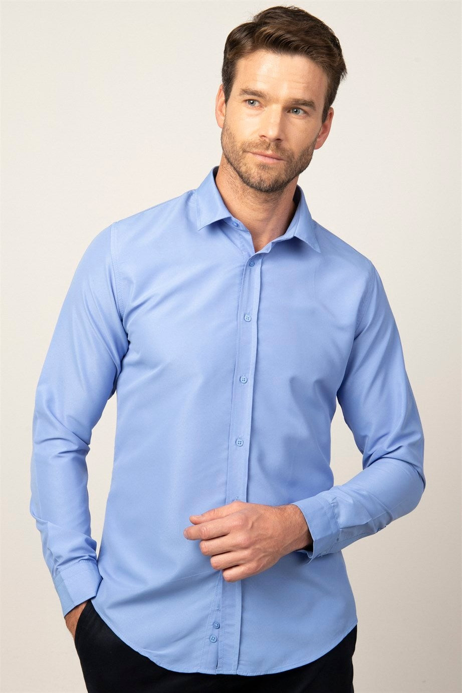 Herren Slim Fit Langarm Hemd - POLY - Blau