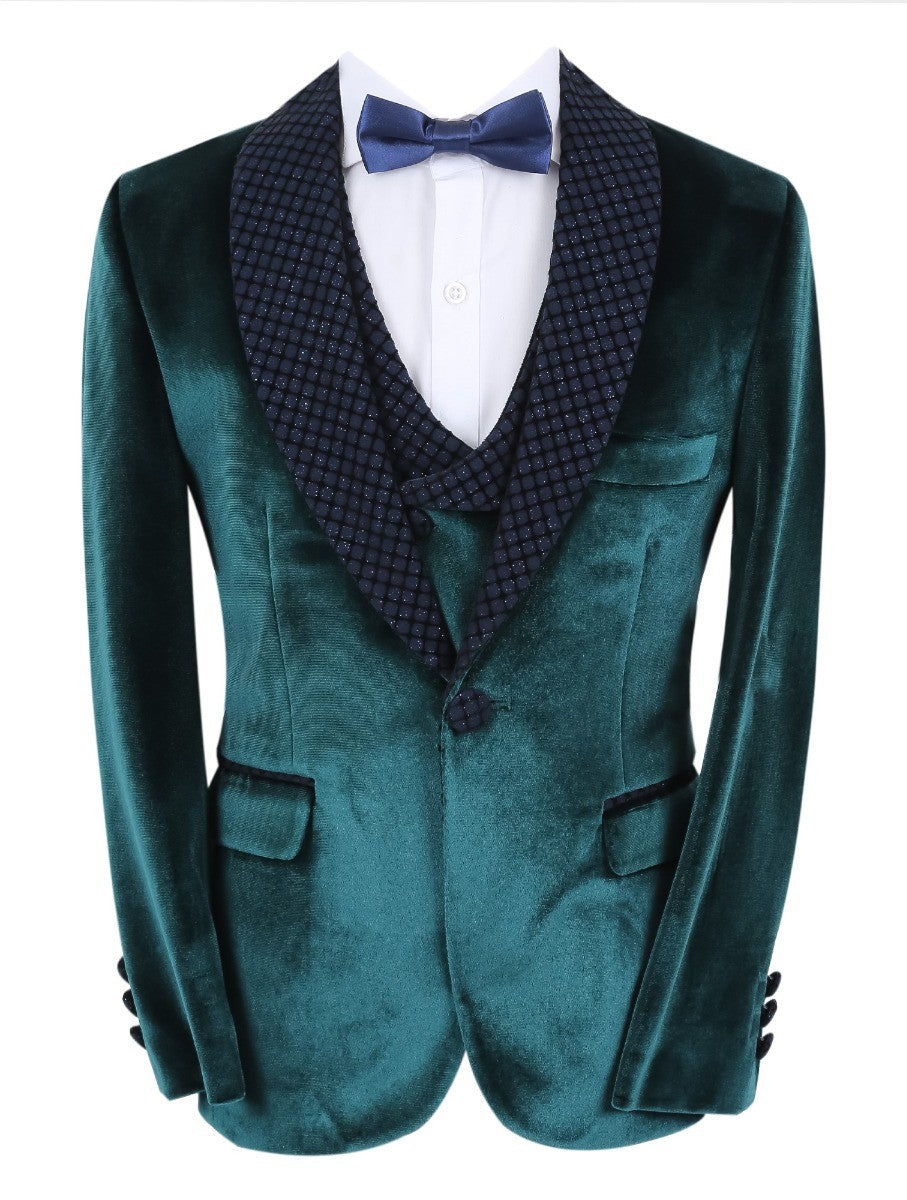 Boys Velvet Slim Fit Tuxedo Dinner Suit - Dark Green