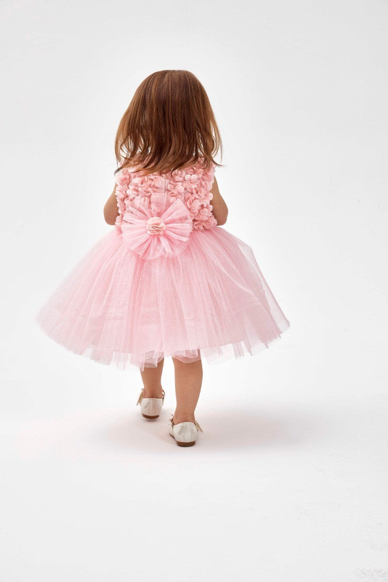 Ensemble Robe sans Manches en Tulle Fleuri pour Fillettes - Rose