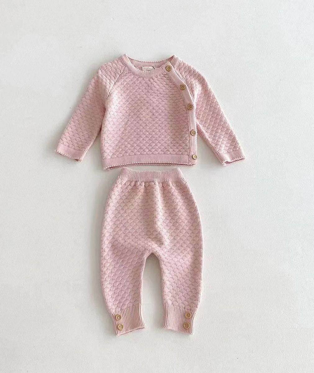 Ensemble de pull tricoté en nid d'abeille et leggings pour bébés filles - 2403 - Rose